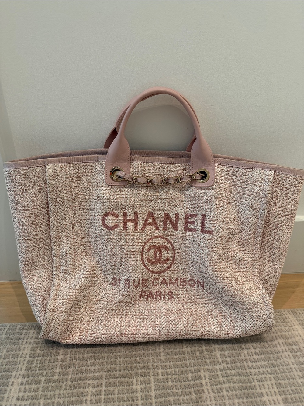 CHANEL Deauville Pink Tweed Logo Tote with Leather Trim